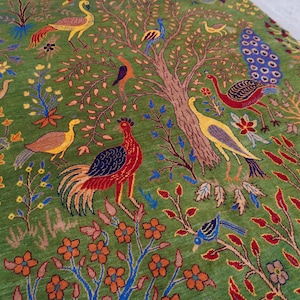 6x8 Light Green Pictorial Rug Tree of life Rug- Afghan Hand Knotted Rug- Peacocks Birds Art Rug- Turkmen Wool Rug- Oriental Rug- Bedroom Rug