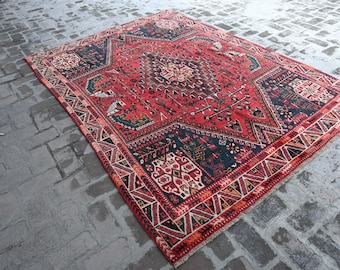 1960s Antique Caucasian Rug- 7x9 ft Afghan Handmade Soft Pile Faded Vintage Distressed Wool Rug- Living Room Rug- Pictorial Rug- Office Rug