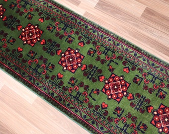 2x5 ft Green Runner rug- 1&#39;9x5&#39;2 ft Afghan Bukhara Rug- Handmade Wool Soft Rug- Turkmen Khal Muhammadi Rug- Oriental Rug- Kitchen Runner Rug