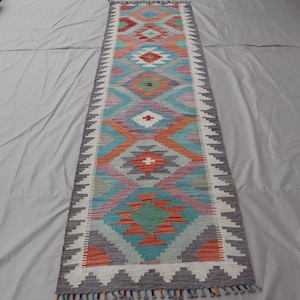 2&#39;8x9&#39;5 Afghan Kilim Runner Rug- Handmade Wool Flatweave- Natural dyes Blue Purple Orange- Bedroom Kitchen Farmhouse, Hallway 10 ft Runner