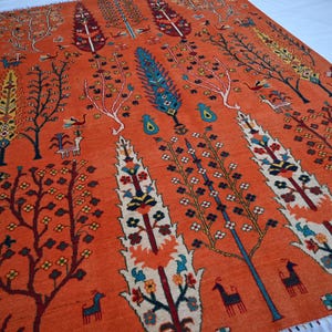 Orange Pictorial Rug 6x8 Afghan Handmade Wool Rug- Multi Tree of life Rug Turkmen Art Rug- Kids Room Rug- Living Room Rug- Oriental Area Rug