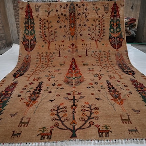 7x10 Natural Pictorial Rug- Tree of life Rug- Afghan Hand Knotted Rug- Turkmen Wool Rug- Oriental Rug- Bedroom Rug- Living Room- Bedroom Rug
