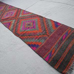 Vintage 2x12 Runner Rug 1950s Antique Rug- Pink Purple Orange Blue Afghan Handmade Rug Flatweave Kilim Rug- Turkmen Boho Rug Hallway Runner