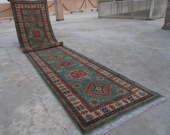 Hand Knotted Wool Runner Rug: 4x9 Navy Blue Tribal Gabbeh Style