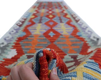 Afghansk 3 meter löpmatta S: 70 x 2,75 m Handgjord kelimmatta - plattvävd matta - Geometrisk design - Orientalisk matta - 100 % ullmatta - Halllöpare