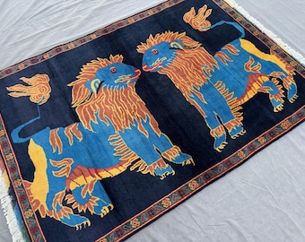 Navy Blue One of a Kind Rug 4x6 ft Tigers Pictorial Rug- Fine Quality Area Rug- Afghan Handmade Wool Rug- Oriental Rug for Kids Room Bedroom