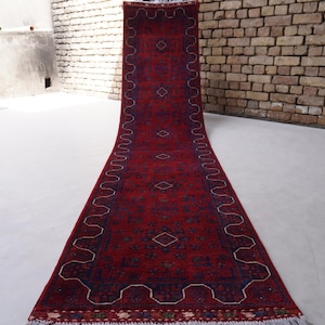 2&#39;3x10&quot; Afghan Rug 10 ft Runner- Handmade wool Rug- Vintage Turkmen Tekke Bukhara Rug- Oriental Red Vintage Rug- Bedroom Rug Hallway Runner