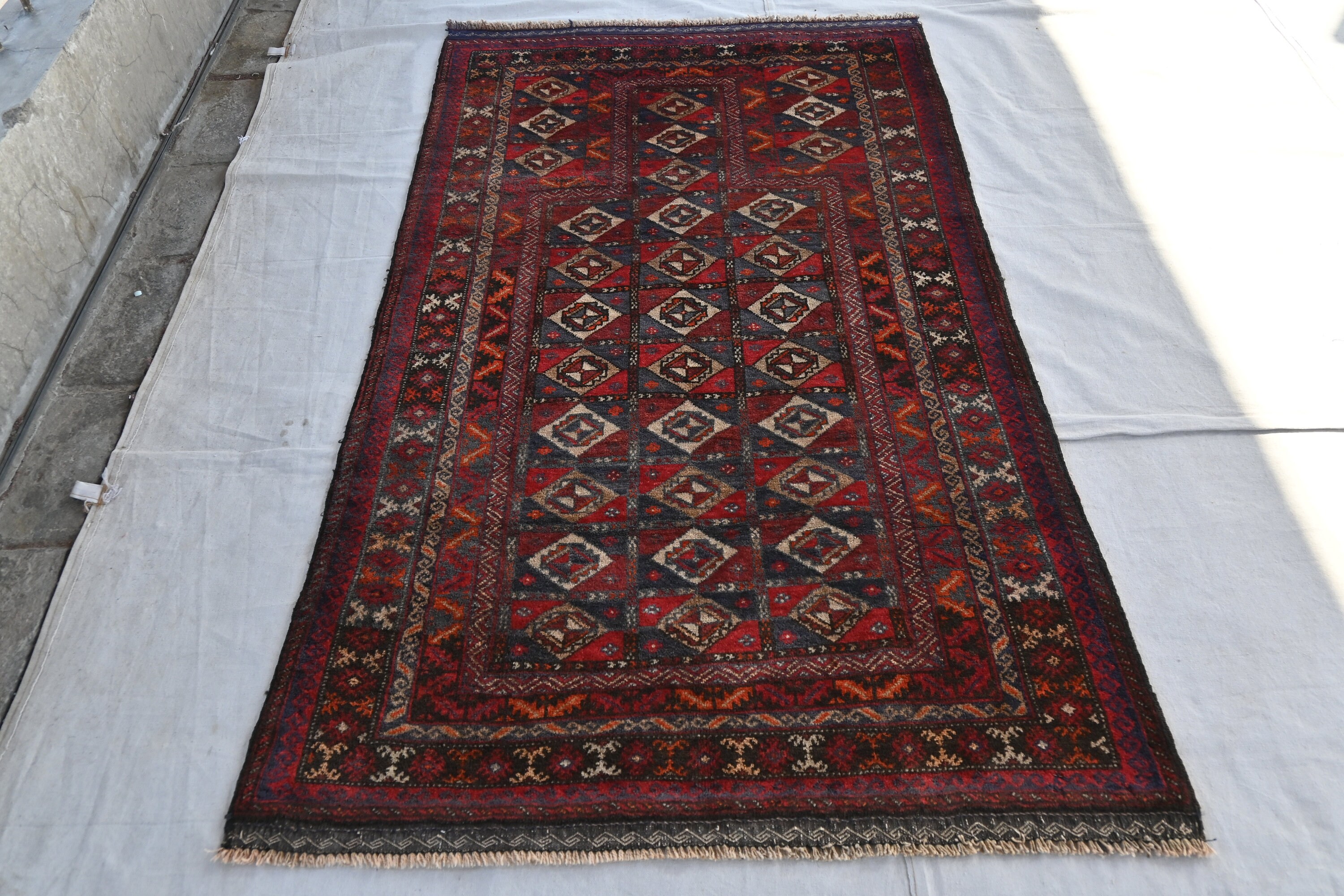 1940年代アンティーク祈祷用ラグ 3x5 アフガニスタン製ハンドメイド