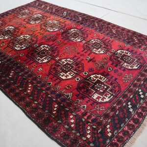 Alfombra afgana 4x7 - Alfombra de lana hecha a mano- Alfombra vintage - Alfombra Ersari tribal turcomana - Alfombra roja oriental de Bukhara- Alfombra de dormitorio- Alfombra de oficina- Alfombra de cocina