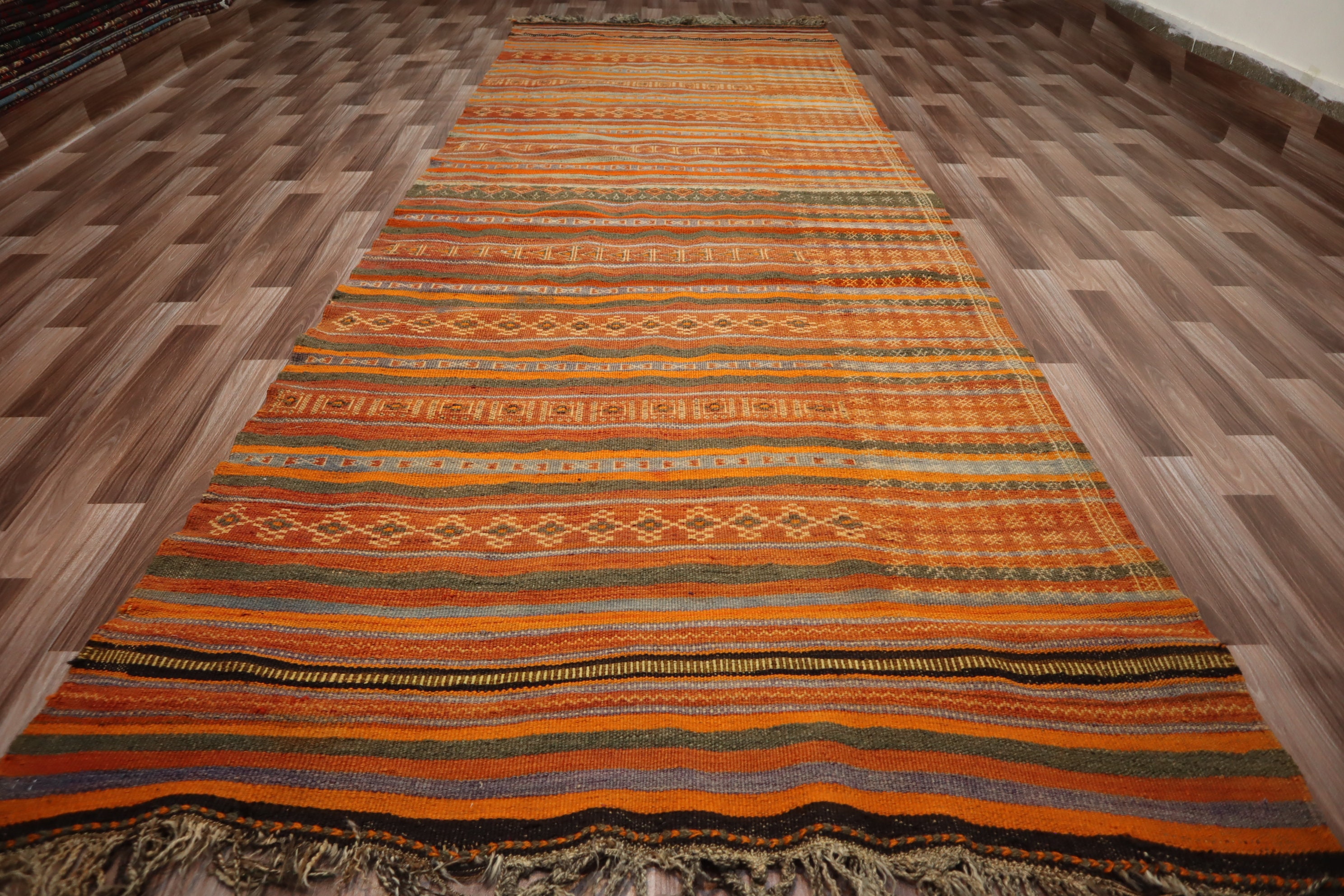 4 x 11フィート幅のランナーラグ - フラットウィーブアンティーク調色