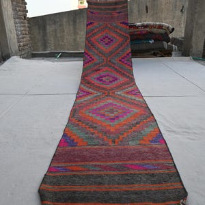 Vintage Rug 2x12 Runner Rug 1950s Antique Rug- Pink Purple Orange Gray Blue Afghan Handmade Rug Flatweave Kilim Rug- Turkmen Hallway Runner