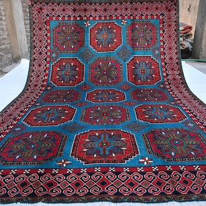 Afghan Large Blue Rug 7x10 Handmade Rug- Tekke Ersari Bukhara Rug- Fine Wool Rug- Bedroom Rug- Living Room Rug 210x310 cm Oriental Area Rug
