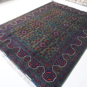 Afghan Rug 5x7 Dark Green Area Rug- Hand Knotted Wool Rug- Tribal Bukhara Rug- Best for Kids Room- Bedroom Rug- Living Room 155x205 cm Rug