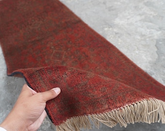 Tappeto vintage afghano Bukhara in terracotta, fatto a mano, 63 x 157 cm, orientale, antico, tribale turkmeno, per corridoio e cucina, 53 x 157 cm.