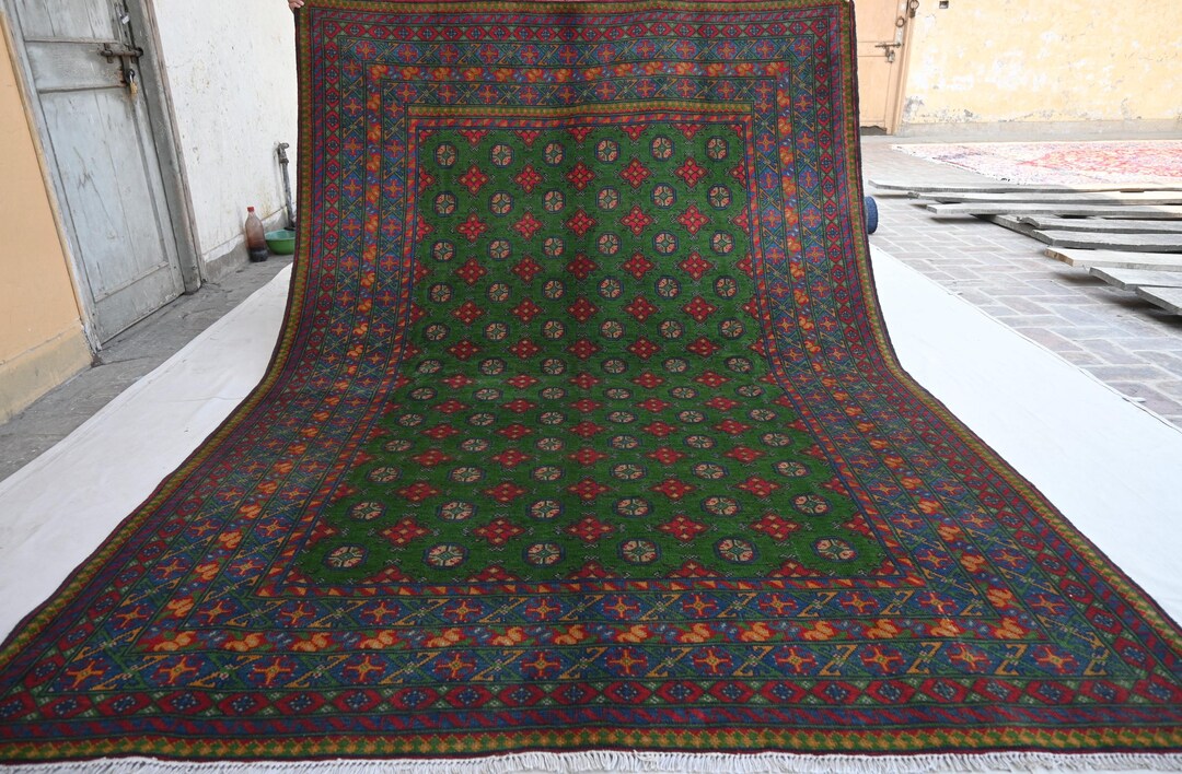 Green Bukhara Rug 7x10 Turkmen Mowri Rug- Handmade Wool Rug- Tribal ...