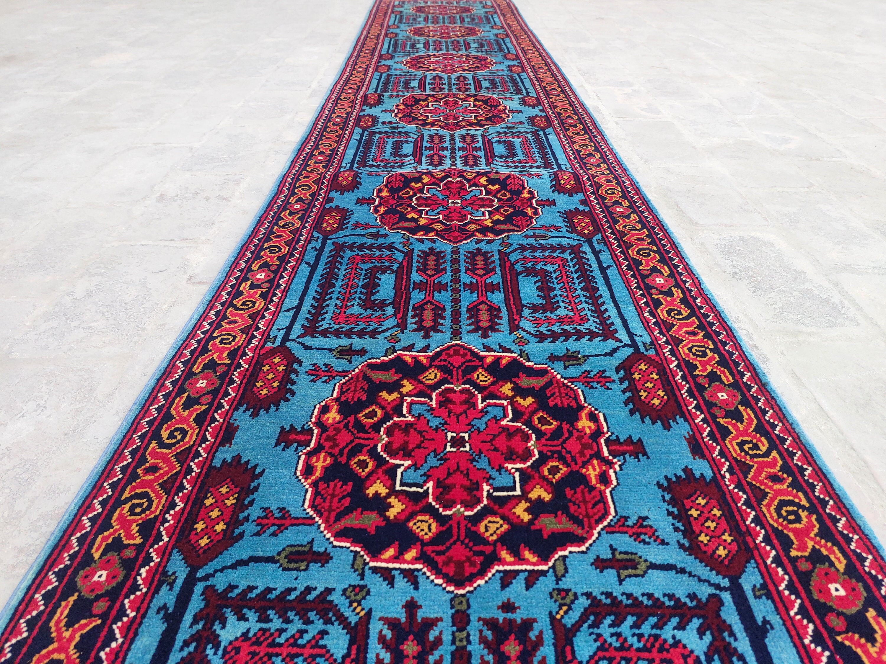 ブルー 10 フィート ランナー ラグ - アフガニスタン製ハンドメイド