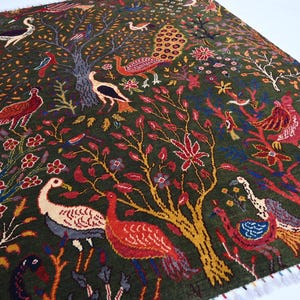 5x7 Dark Green Pictorial Rug- Afghan Handmade Wool Rug- Haunting Piece Rug- Trees Birds Peacocks Art Rug- Kids Room Rug- Bedroom- Office Rug