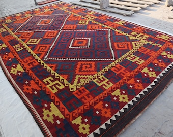 Alfombra Kilim afgana grande de tejido plano geométrico antiguo de 11 x 19 pulgadas - Alfombra turcomana de lana hecha a mano - Alfombra para dormitorio, oficina y cocina