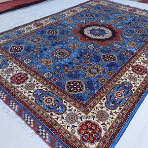 Turkish Blue Mamluk Rug 7x10 Large Afghan Handmade Wool Rug- Bijdar Area rug- Turkish Oushak rug- Living Room Rug- Oriental Rug- Bedroom Rug