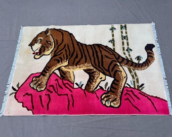 4x6 Tigers Pictorial Rug- Handmade Fine Quality Wool Rug Geometric Afghan Soft Pile Rug Oriental Turkmen Rug- Rug for Kids Room- Bedroom Rug