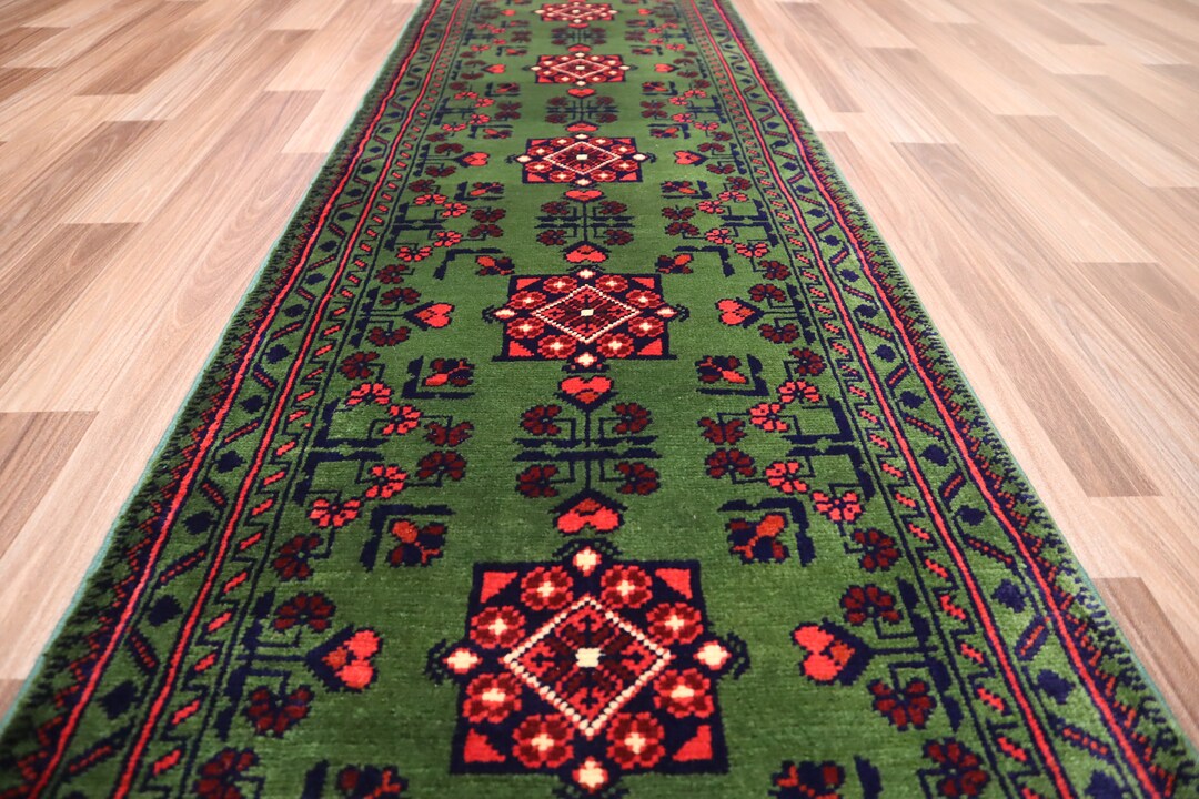2x5 Ft Green Runner Rug 1'9x5'2 Ft Afghan Bukhara Rug Handmade Wool