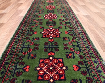Tappeto da corridoio verde 2 x 5 piedi - Tappeto Bukhara afgano 1'9x5'2 piedi - Tappeto morbido in lana fatto a mano - Tappeto turkmeno Khal Muhammadi - Tappeto orientale - Tappeto da cucina