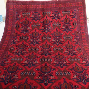 Hand Knotted Afghan Rug 6x8 ft Khal Muhammadi Geometric Bukhara Rug - Turkmen Tribal Red Area Rug 180x240 cm Bedroom Rug - Living Room Rug