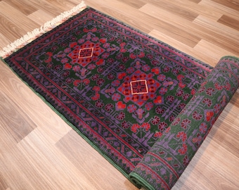 Tappeto da corridoio verde 2 x 5 piedi - Tappeto Bukhara afgano 1'8x5'6 piedi - Tappeto morbido in lana fatto a mano - Tappeto turkmeno Khal Muhammadi - Tappeto orientale - Tappeto da cucina
