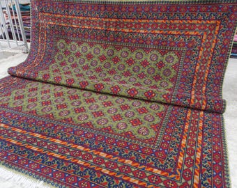8x10 Rich Large Green Area Rug- Afghan Mowri Rug- Handmade Wool Bedroom Bukhara Rug Medallion Vintage rug 250x300 cm Oriental Classic Rug