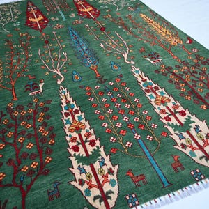 Green Pictorial Rug 8x6 Afghan Handmade Wool Rug- Multi Tree of life Rug- Turkmen Art Rug- Kids Room Rug- Living Room Rug- Oriental Area Rug