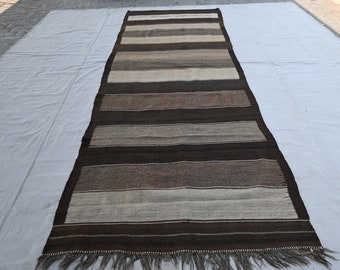 4'5x13 Handmade Brown Beige Gray Rug- Afghan Wide Runner rug Vintage Striped design Flatweave Kilim Rug- Turkmen Oriental Antique Rug- 5x13