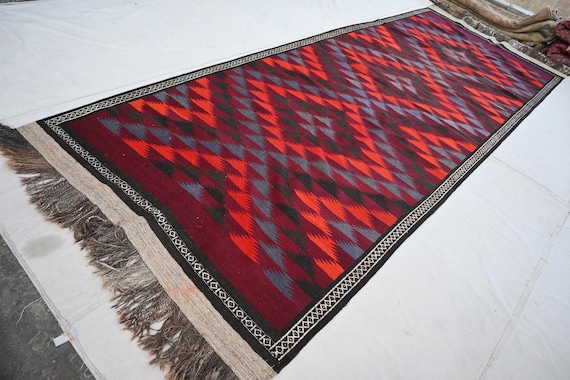 120x300 cm Teppich Läufer 1920er Antiker Teppich Läufer- Turkmenischer Flachgewebe Kelim Teppich- Handgemachter Kelim Teppich