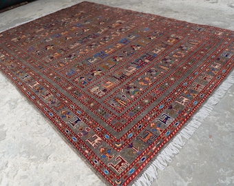 5'7x8 ft One of a Kind Rug- Beige Pictorial Rug- Afghan Handmade Wool Rug- Turkmen Fine Quality Rug- Multi Antelopes Rug- Kids Room Area rug