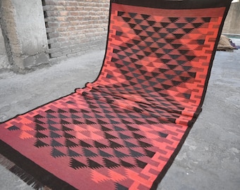1940s Antique 4'6x11'6 ft Terracotta Rug, Handmade Ghalmoori Flatweave Kilim Rug- Afghan Geometric Tribal Rug- Oriental Rug- Wide Runner Rug
