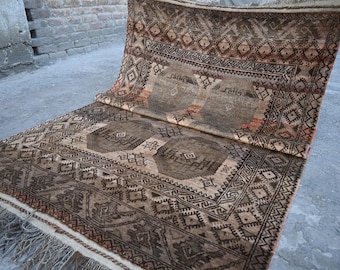 1900s Antique 4'6x7'1 ft Terracotta Distressed Faded Rug- Afghan Handmade Soft Wool Rug- Tekke Ersari Turkmen Tribal Rug Bedroom- Office Rug