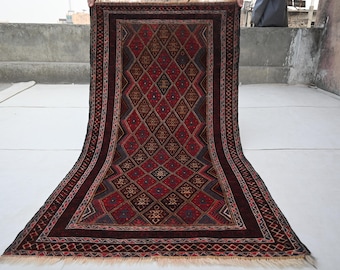 3x6 Afghaans tapijt jaren 1950 antiek tapijt-Mashwani Berjesta tapijt-geometrisch tapijt-handgemaakt wollen tapijt-Turkmeense drievoudige oude tapijt-slaapkamerrug-kantoordeken