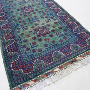 May include: A rectangular green rug with a detailed pattern. The rug features a central field of green with floral and geometric designs in blue and red. The border is a darker blue with repeating patterns and white fringe.