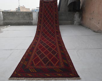 Vintage loper van 3,6 meter - Handgemaakt Afghaans wollen tapijt - Turkmeens Mashwani Berjesta tapijt - Oosters tapijt (79 x 371 cm) - Loper voor de hal - Keukentapijt