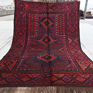Antique Prayer Rug 3x4 High Pile Rug- Handmade Wool Rug- Turkmen Tribal rug- Oriental Red Baluchi Rug- Muslim Mosque Prayer Rug- Bedroom Rug