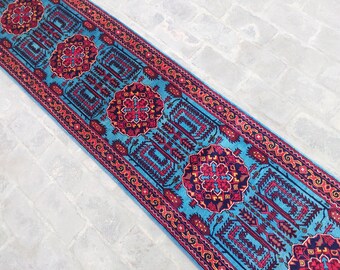 ブルー 10 フィート ランナー ラグ - アフガニスタン製ハンドメイド