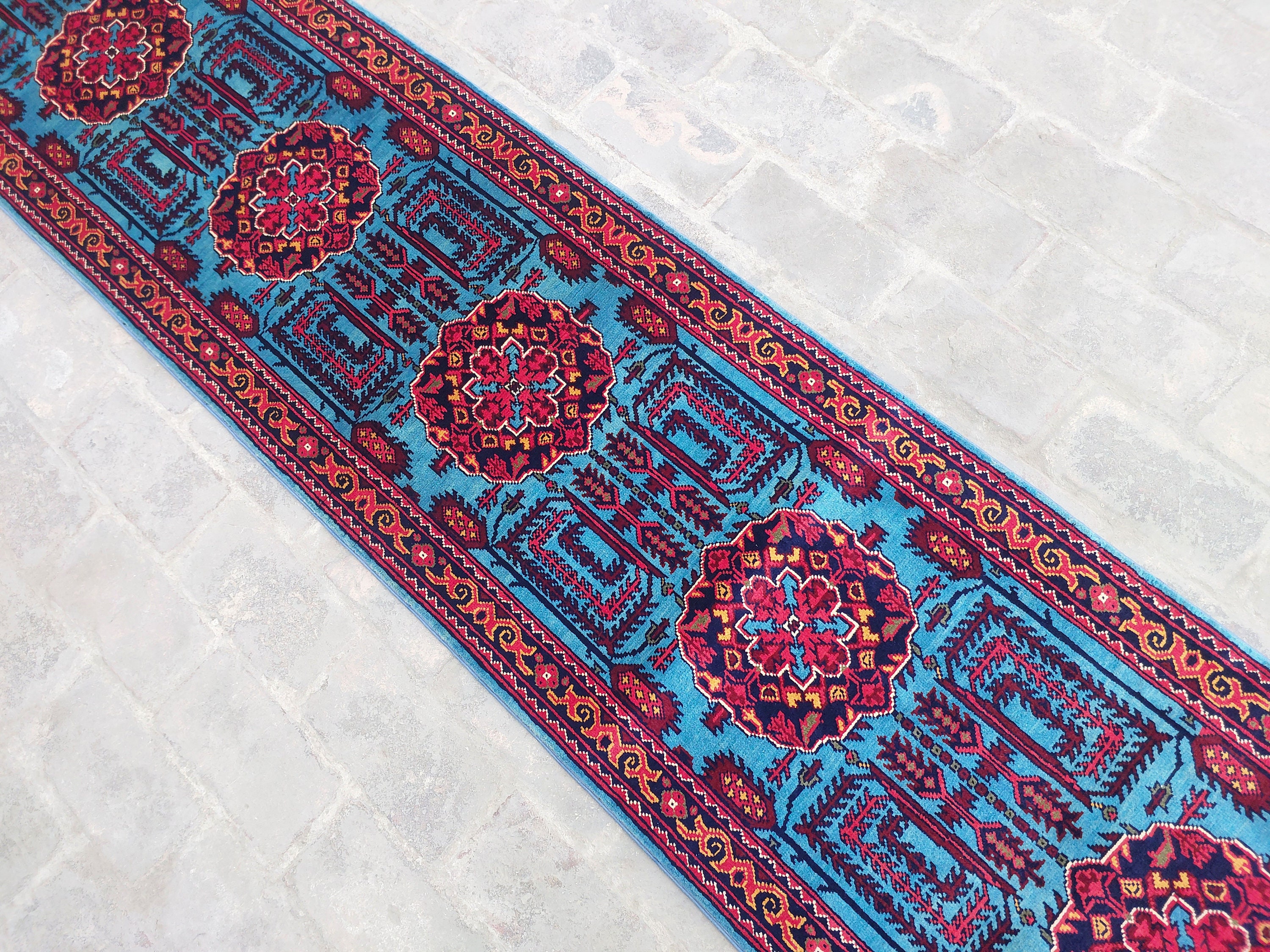 ブルー 10 フィート ランナー ラグ - アフガニスタン製ハンドメイド