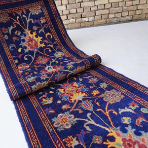 Navy Rug 10 ft Runner Rug- Floral Bijdar Rug- Afghan Handmade Rug- Fine Wool Rug- Turkmen Tribal Rug- Navy Oushak Rug- Hallway Runner Rug