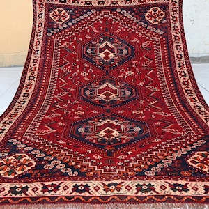 1940s Antique Rug- 6x8 Afghan Caucasian Rug- Handmade Wool Rug- Geometric Rug- Turkmen Soft Pile Red Rug- Oriental Area Rug- Living Room Rug
