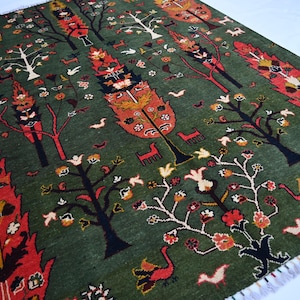 Green Pictorial Rug 5x7 Afghan Handmade Wool Rug- Multi Tree of life Rug- Turkmen Art Rug- Kids Room Rug- Living Room Rug- Oriental Area Rug