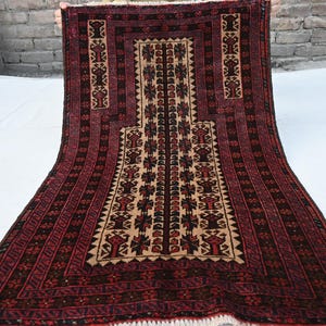 1940s Antique Prayer Rug 3x4 High Pile Rug- Handmade Vintage Rug- Turkmen Tribal rug- Oriental Baluchi Rug- Muslim Mosque Red Prayer Rug