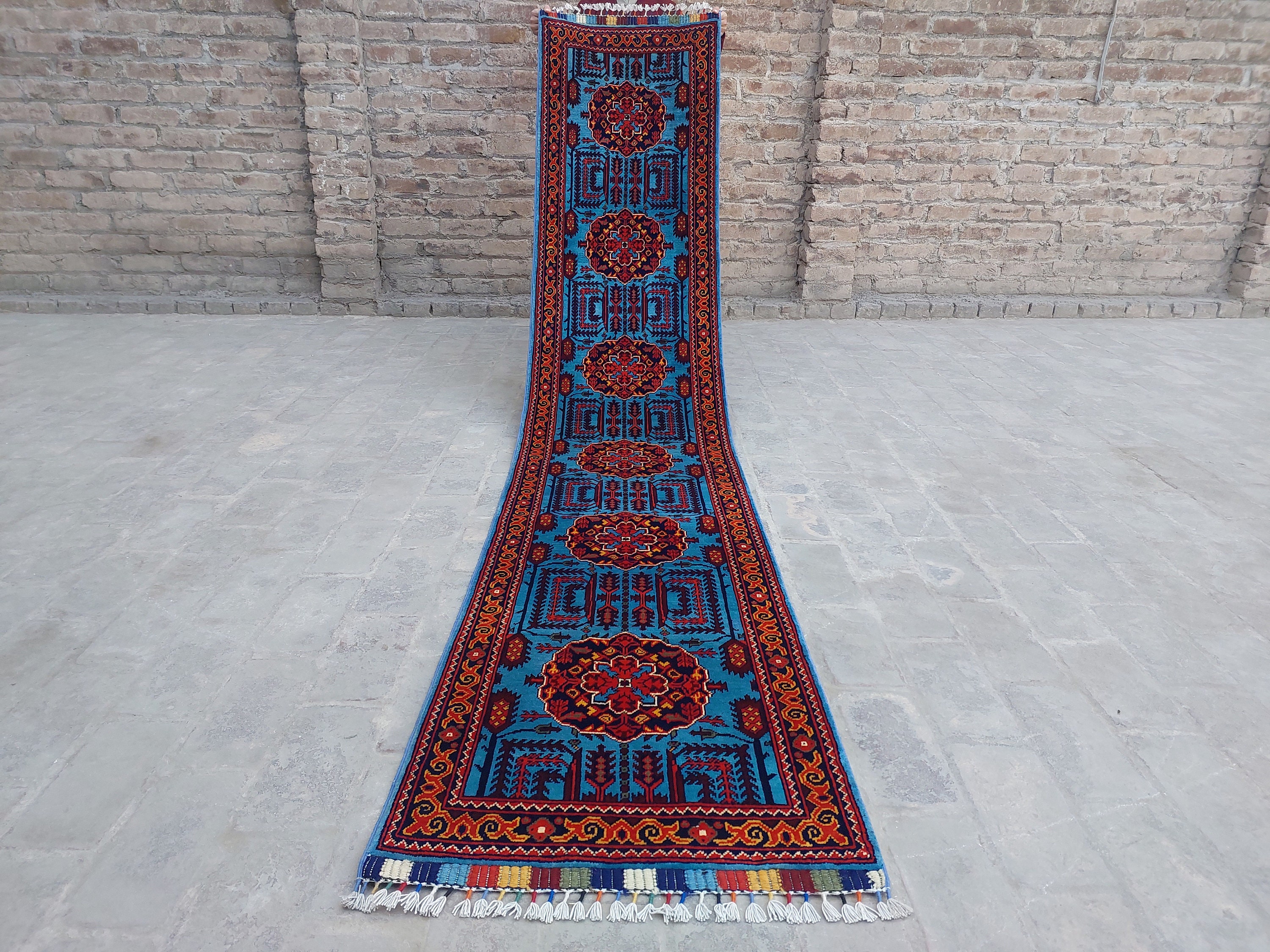 ブルー 10 フィート ランナー ラグ - アフガニスタン製ハンドメイド