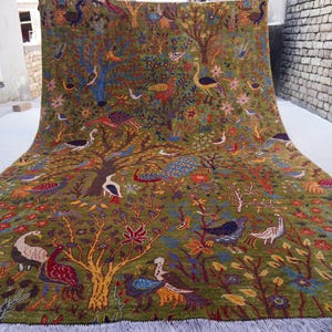 Fern Green Rug 9&#39;9x6&#39;4 ft Pictorial Rug- Afghan Rug- Hand Knotted Rug- Fine Wool Rug- Trees Birds Peacocks Art Rug- 200x300 cm Kids Room Rug