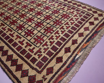 ヴィンテージアフガニスタン手織り段通　193×112 幾何学模様のウールラグ ヴィンテージアフガニスタン手織り段通 193×112 幾何学模様の