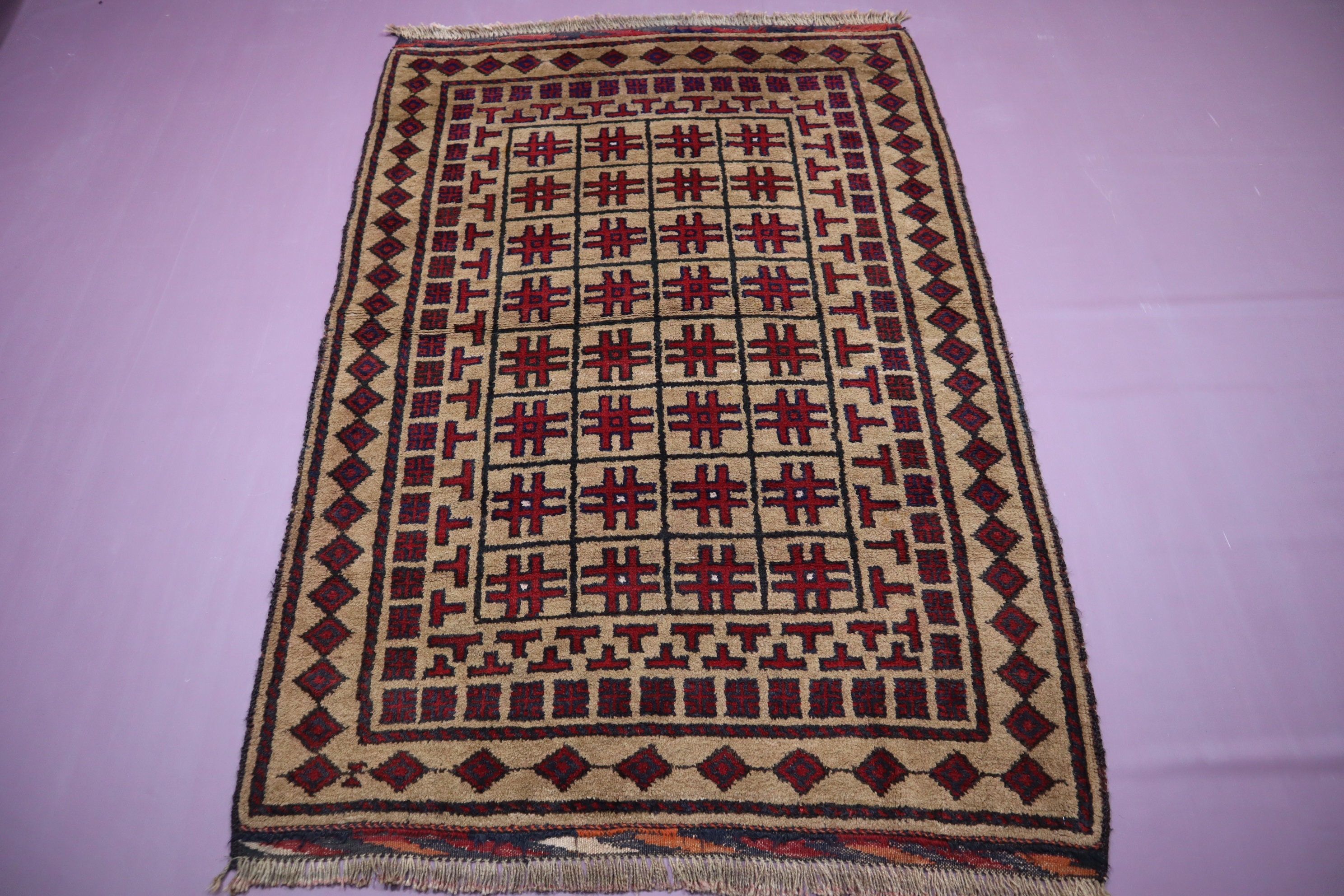 3'9x5'5 アフガニスタン幾何学バルーチラグ - ハンドメイドウールラグ