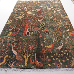 Afghan Rug- Green Rug 7x10 Hand Knotted Wool Rug- Birds Peacocks Pictorial Rug Tree of life Rug Best for Kids Room- Bedroom- Living Room Rug